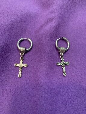 Titanium Steel Cross Hoop  Earrings unisex
